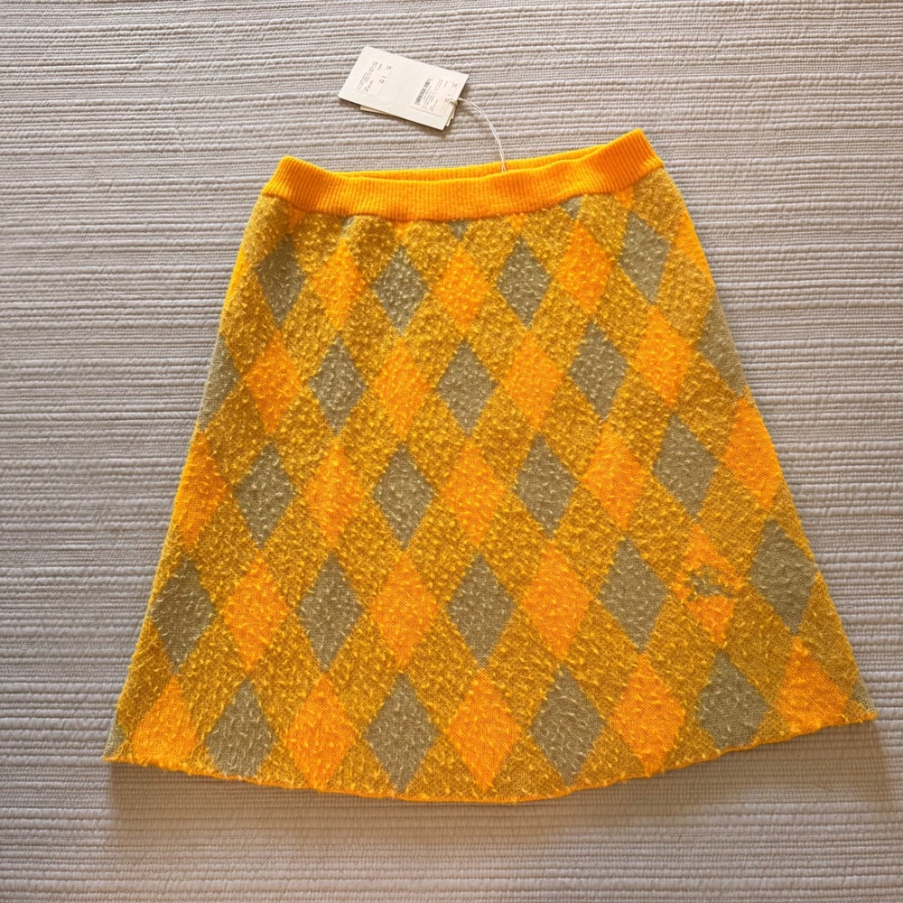 NWT Burberry Women's Mimosa IP Pattern Yellow Argyle Wool Knit Skirt  Size L